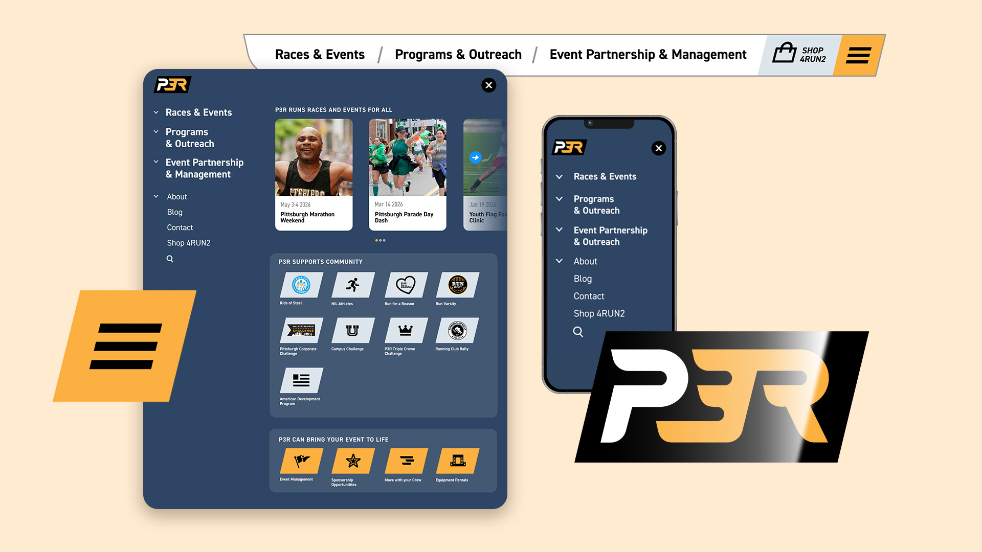 The P3R website features a modern mega menu that efficiently connects the user with the right content.