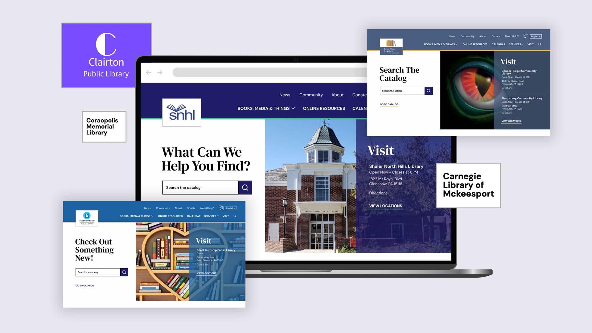 ACLA Allegheny County Library Association website, showing multiple library homepages