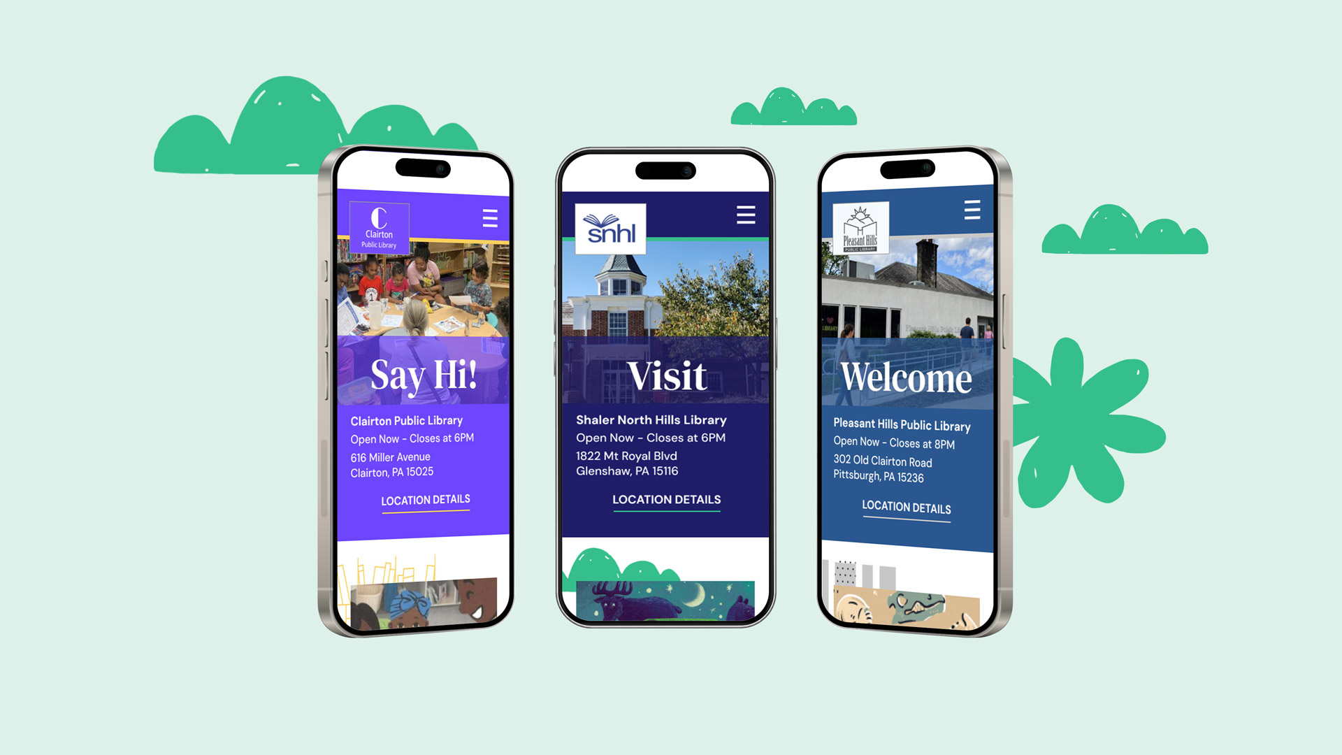 ACLA Allegheny County Library Association website, home pages on mobile phone for 3 different libraries