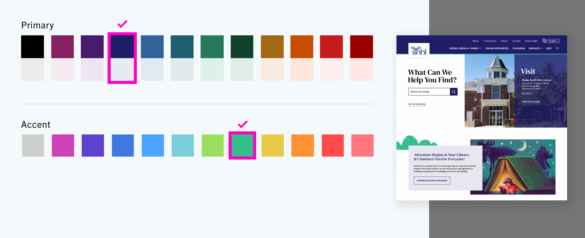 ACLA Allegheny County Library Association website, selected color palette for Shaler library as deployed