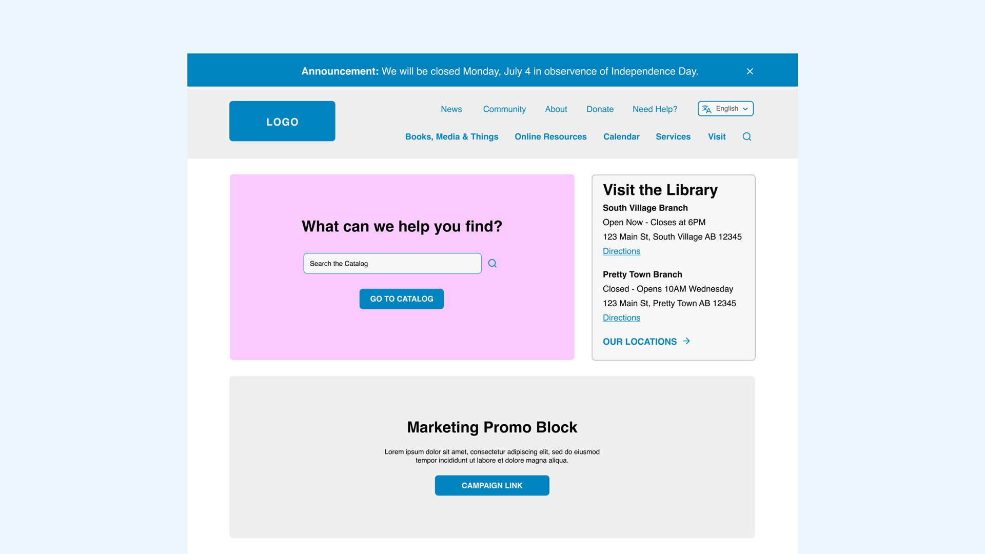 ACLA Allegheny County Library Association, recommended home page wireframe UX