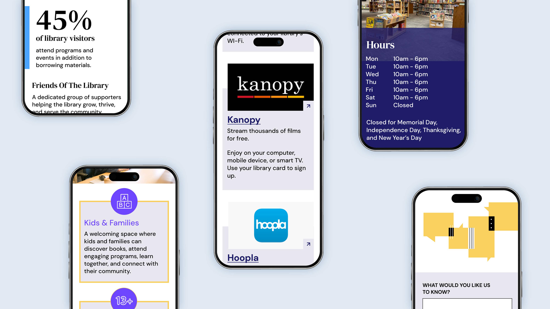 ACLA Allegheny County Library Association website, mobile screens showing design system via different blocks and components