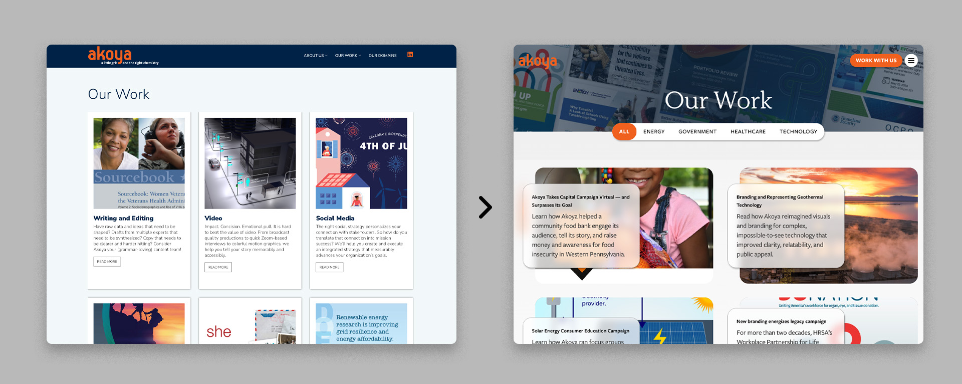 Before (left) and after (right) of the website's "Our Work" portfolio page