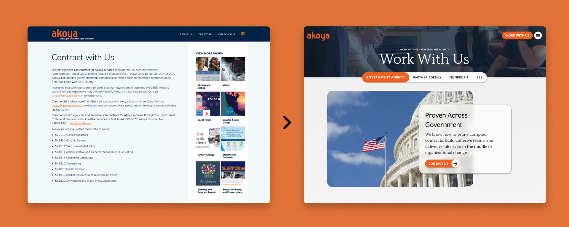 Before (left) and after (right) of the website's "Work with Us" page