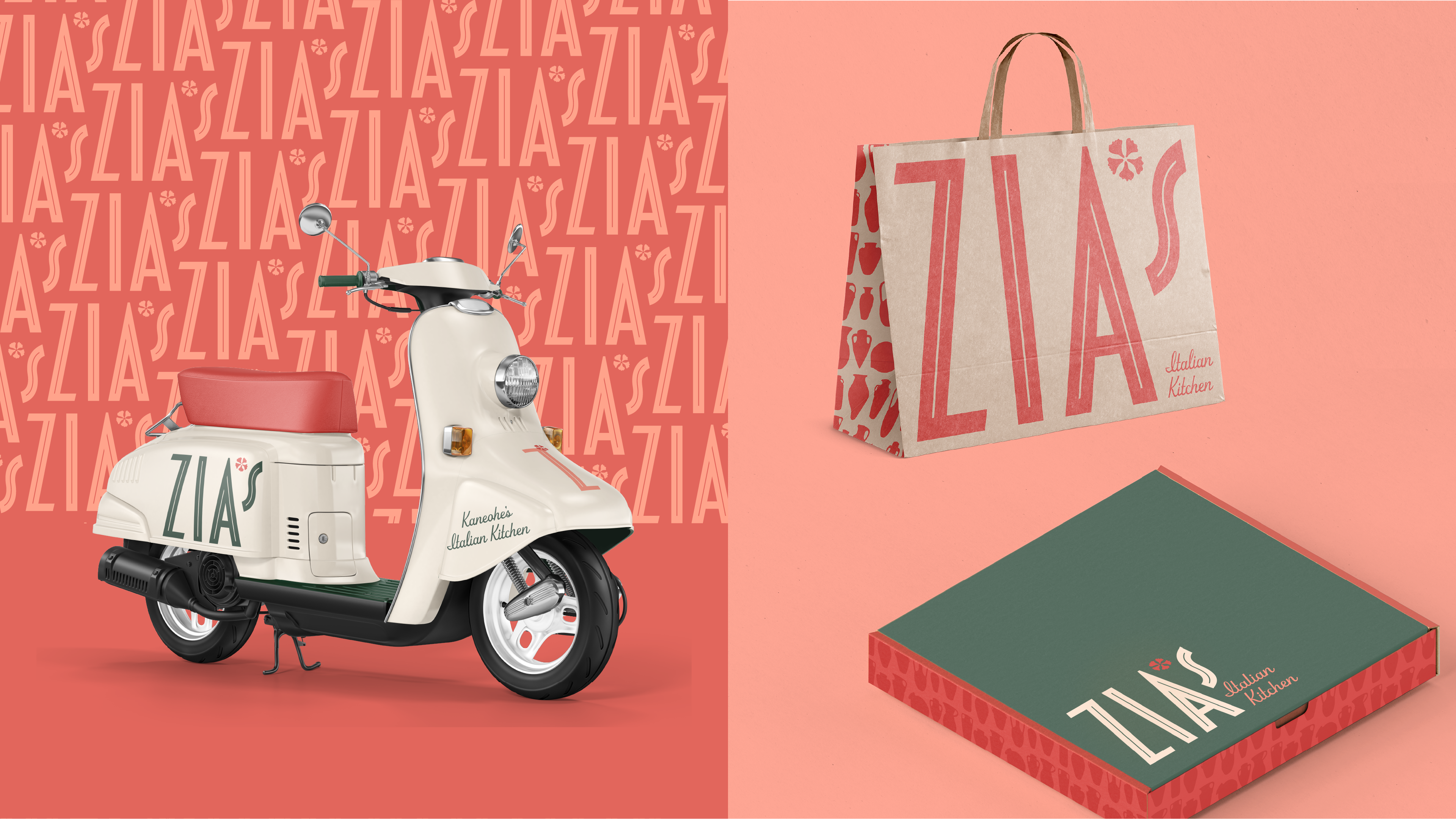 Zia's Sample Application, featuring a vespa, to-go bag, and pizza box.