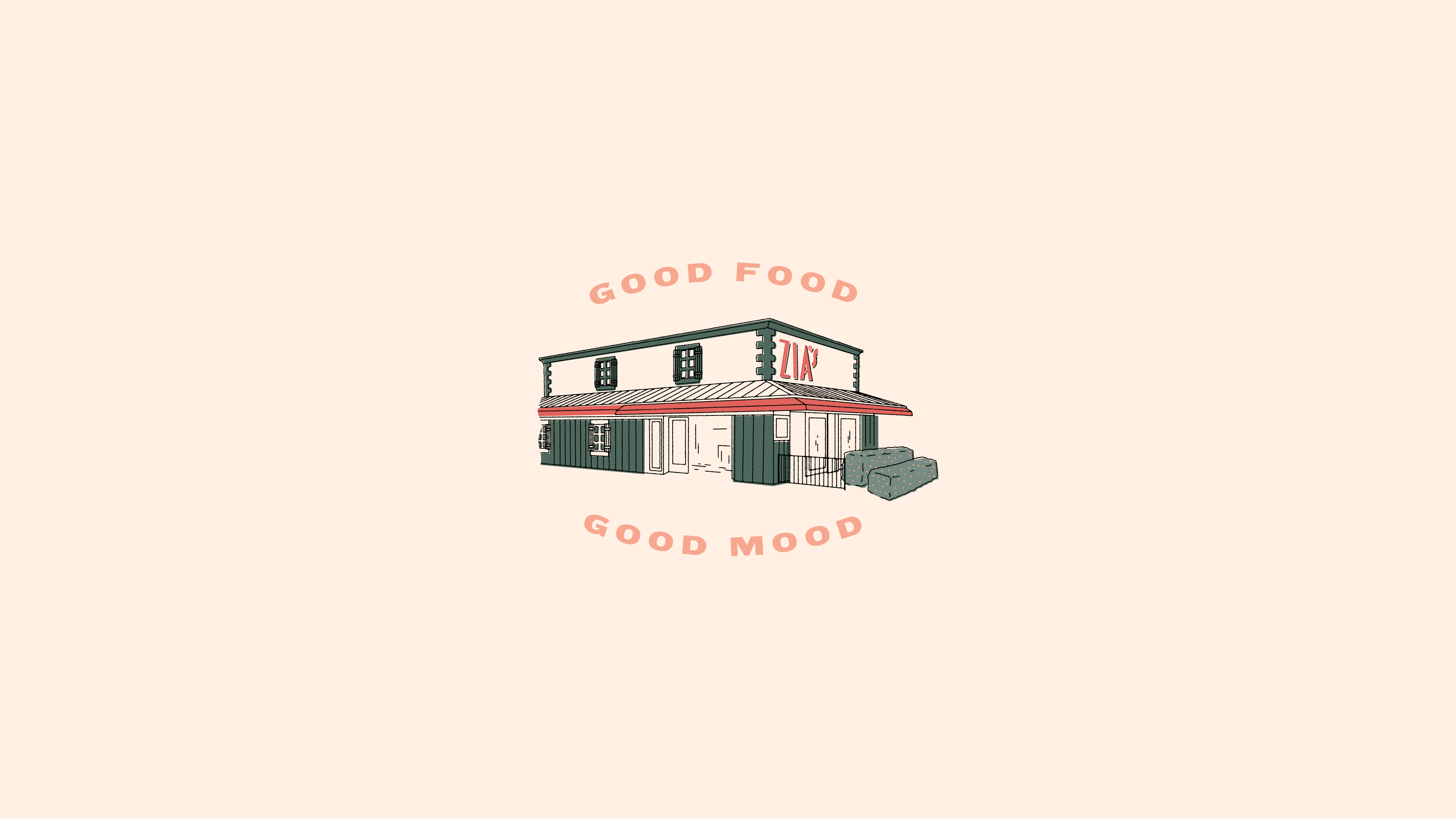 Illustration of Zia's beloved neighborhood restaurant with Good Food. Good Mood.