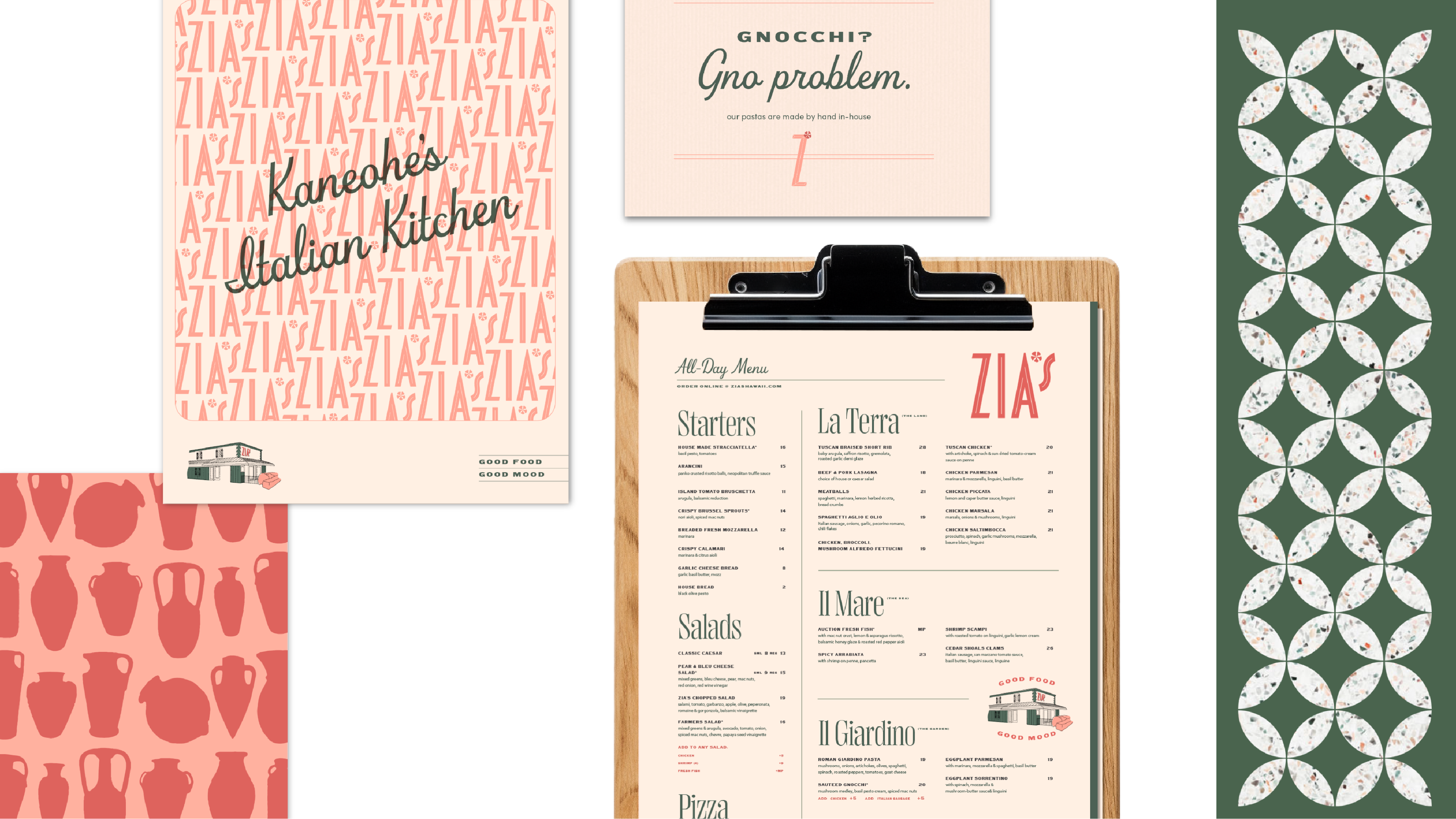 Flat lay of various Zia sample menu stationery
