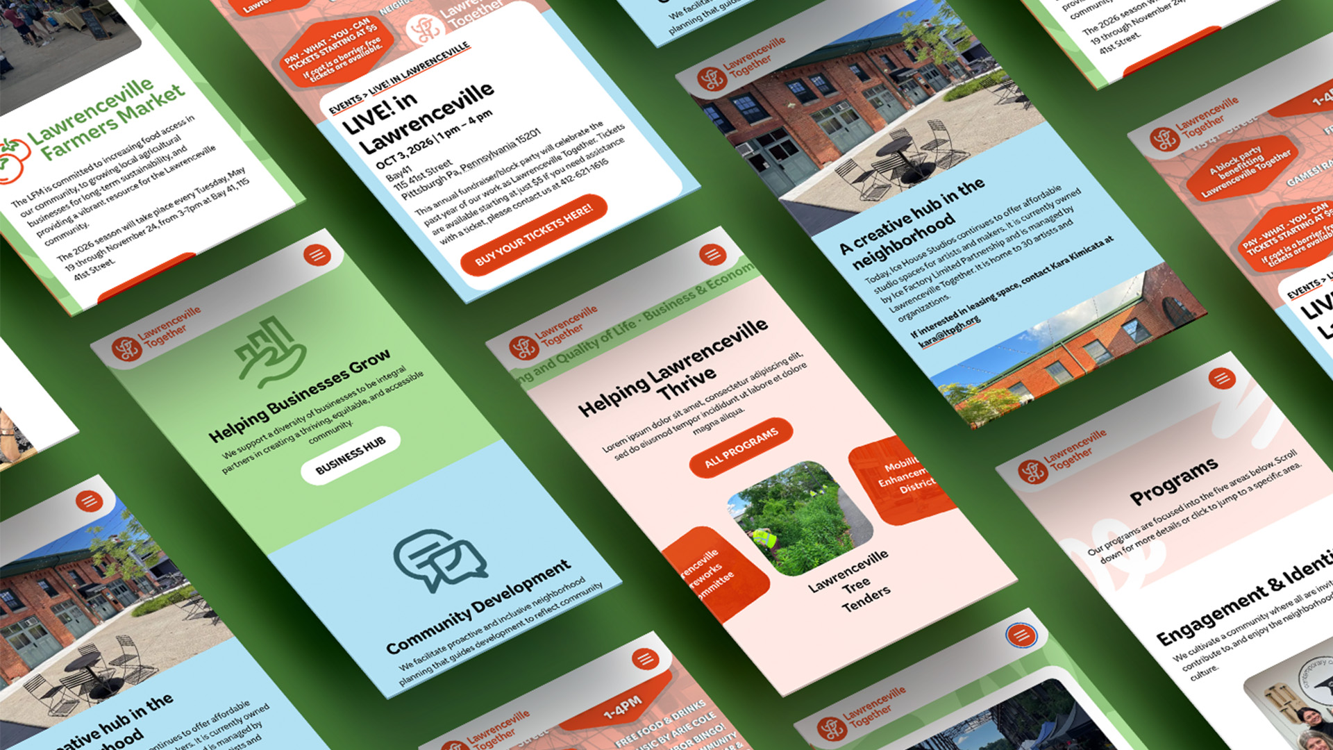 A collection of page layouts from the website mobile experience.